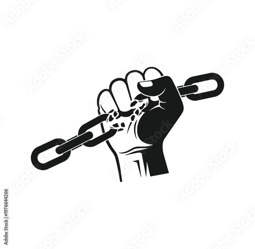 black and white illustration of a clenched fist holding a chain link  symbol of strength and freedom