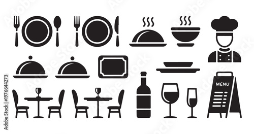 Restaurant and kitchen cooking flat icons vector illustration, dining table, chef, hot food and menu.