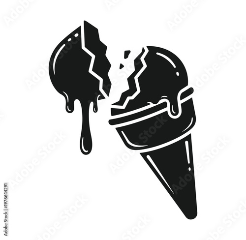 Black and white illustration of melting ice cream cone with scoop falling off