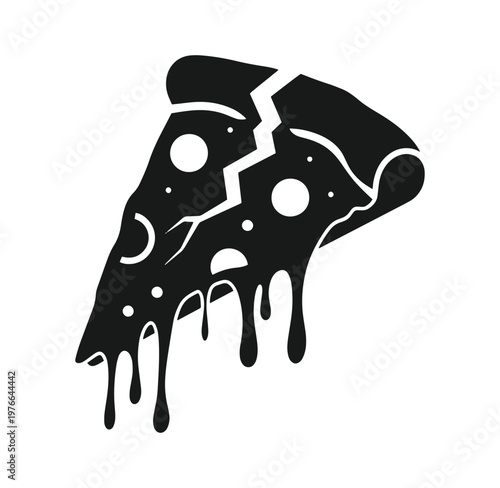black melting pizza slice with cracks on white background