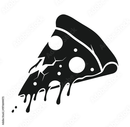 black silhouette of a melted cheese pizza slice with toppings and crust  food icon