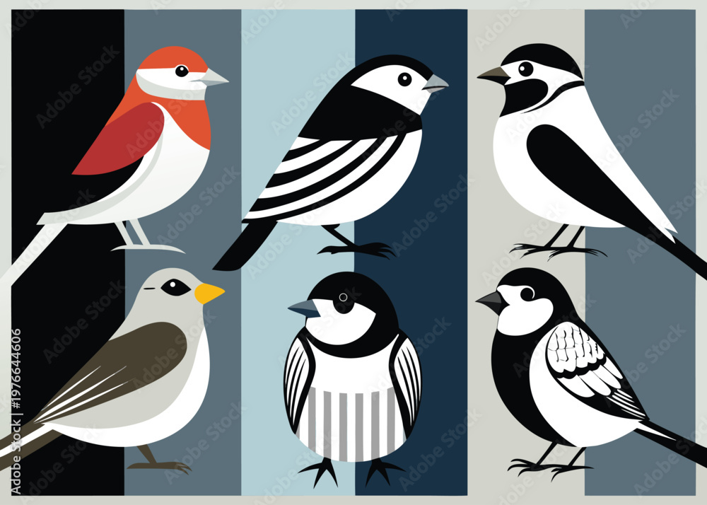 Fototapeta premium Assortment of colorful birds in geometric style against a striped background.