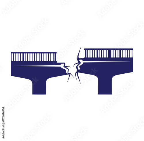 blue silhouette of broken bridge with crack in middle on white background