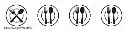 Set of food and drink line icons with plate fork spoon vector illustration.
