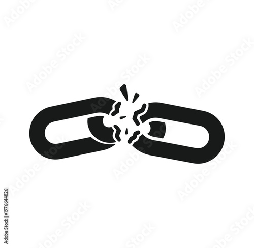 Broken chain link with crack and breakage in the middle on white background