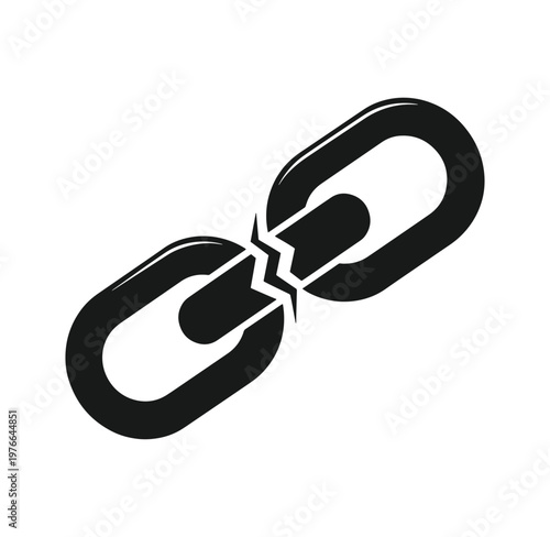 broken chain link with cracked metal on white background