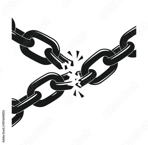 broken chain link with cracked metal on white background