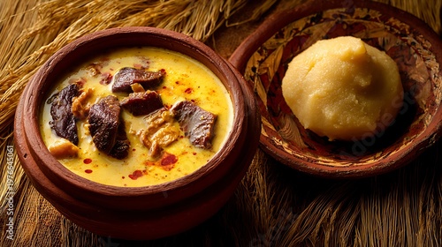 Artistic photography of Achu Soup, traditional yellow soup from Cameroon, in handcrafted red clay bowl, creamy yellow liquid with red palm oil floating in marbled pattern