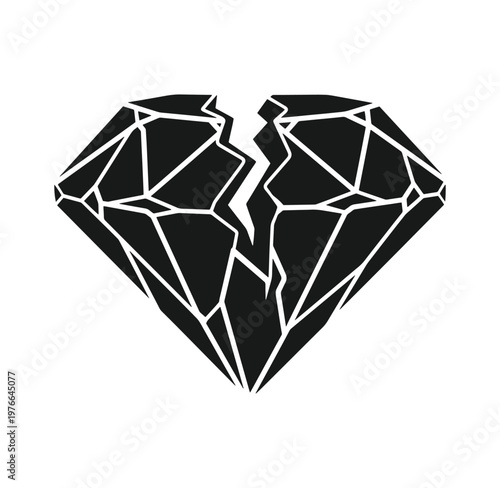 Broken heart shaped diamond with crack in the middle on white background