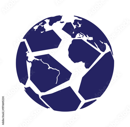 Dark blue soccer ball with white continents on white background