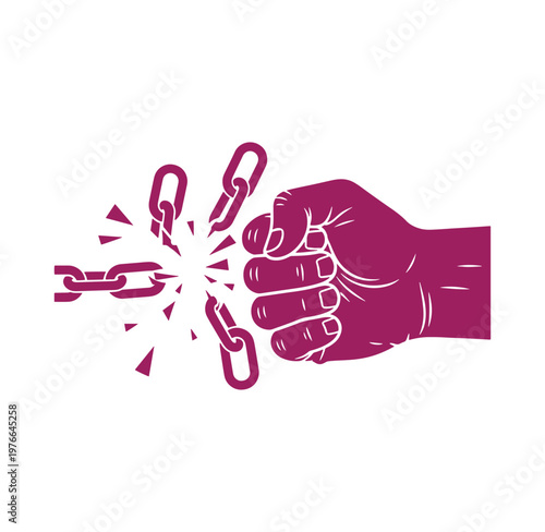 Fist breaking free from a chain link with explosive force and freedom concept