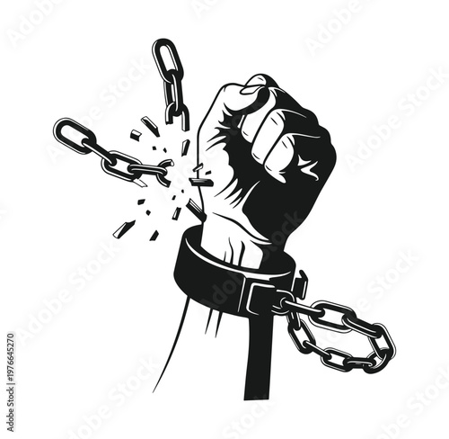 Fist breaking free from handcuffs and metal chain on white background