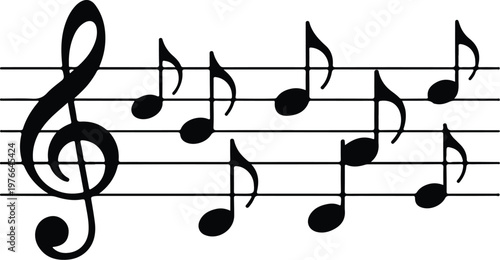 Music staff with treble clef and black eighth notes arranged in melody on gray checkered background.