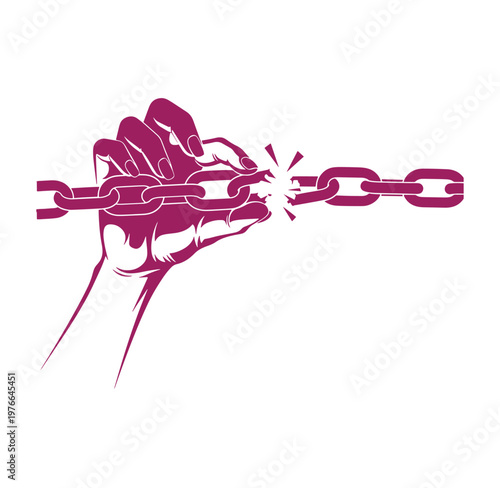 Hand breaking free from chain link with force and power in a bold illustration