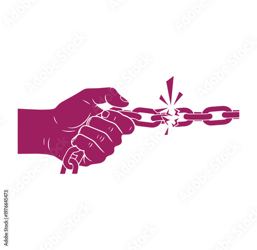 Hand breaking free from a chain with a burst of energy on transparent background