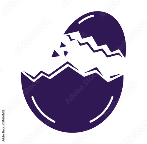 Purple egg with cracks and broken shell pieces isolated on transparent background