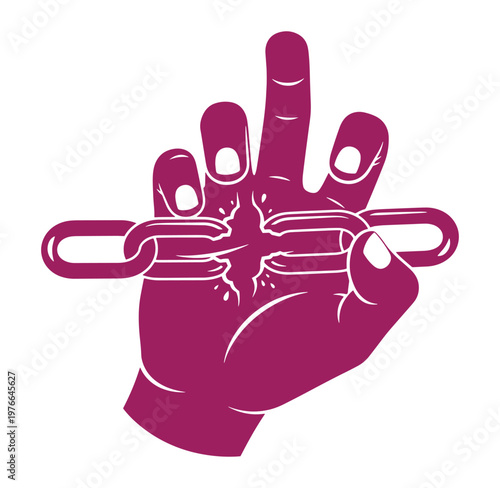 Purple hand with middle finger up and chain through fingers isolated on white background