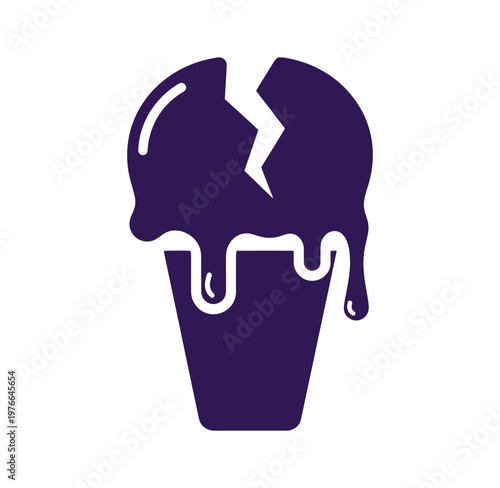 Purple ice cream cone with broken scoop and melted drips down side