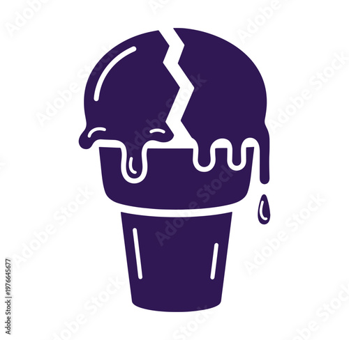 Purple ice cream cone with melting ice cream scoop isolated on white background