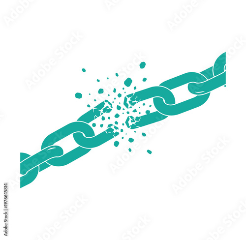 Teal chain breaking apart with pieces flying off in all directions  symbol of freedom and release