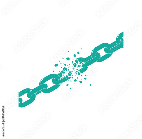 Teal chain breaking apart with pieces flying off in different directions on white background