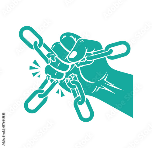 Teal fist breaking chain links in half with force and power