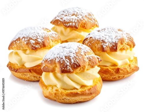 Close-up of four cream puffs dusted with powdered sugar, isolated white