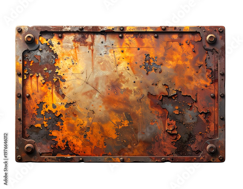 Rectangular weathered metal plate with corroded patina, bolted corners