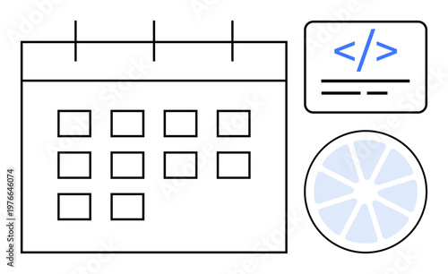 Productivity tools, coding education, software planning, data analysis, task management, workflow design. Calendar, code snippet chart. Productivity tools and coding education concept