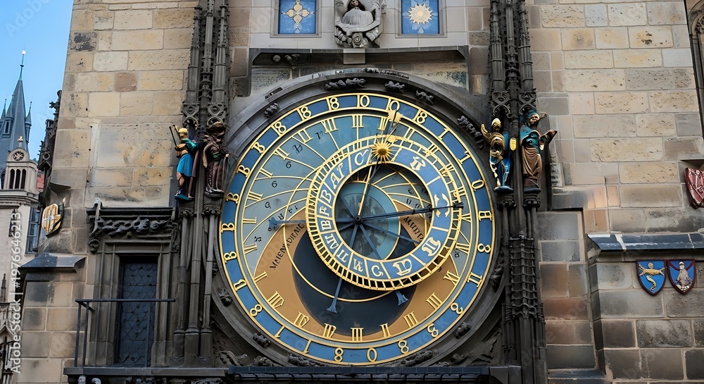 Obraz premium Astronomical clock face detail ornate dial architectural structure daylight