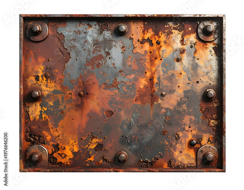 Heavily corroded, textured metal plate with visible bolts and imperfections