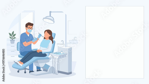 Dentist examining a female patient's teeth in a modern dental clinic illustration.