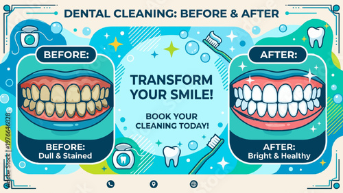 A vibrant illustration comparing dull, stained teeth before dental cleaning with bright, healthy teeth after, promoting smile transformation and booking a cleaning.