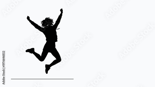A silhouette of a joyful person jumping high with arms raised in celebration against a plain white background.