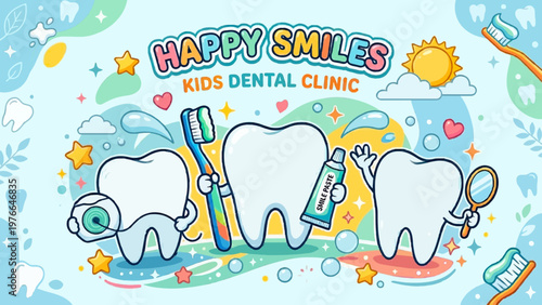 A cheerful cartoon illustration promoting a kids dental clinic with happy tooth characters demonstrating oral hygiene.