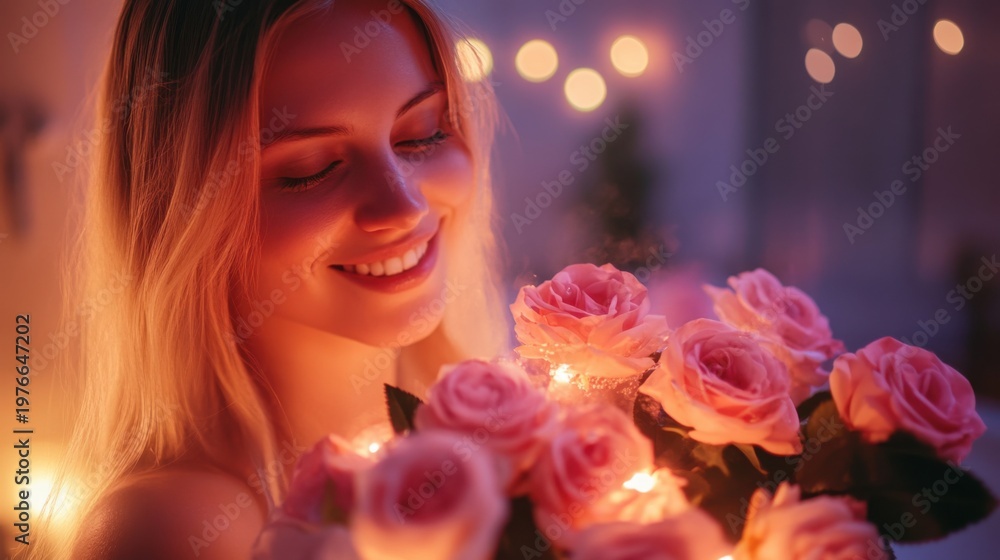 Naklejka premium Woman smiling with roses illuminated by soft lights