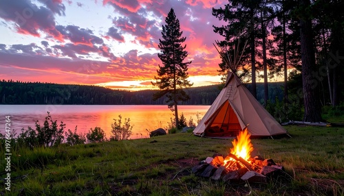 Lakeside campsite glows at sunset, tipi, campfire, trees, water, vibrant sky