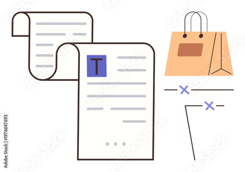 Online retail, e-commerce, digital transactions, shopping receipts, modern retail, financial records. Digital receipt with lines of text, shopping bag and crossed payment elements. Online retail