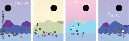 Aesthetic Travel and Nature Posters: A series of vibrant, minimalist travel and nature-themed posters, each capturing a unique landscape under a stylized sky and sun. 