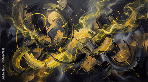 captivating abstract background featuring a predominance of deep blacks and vibrant yellow