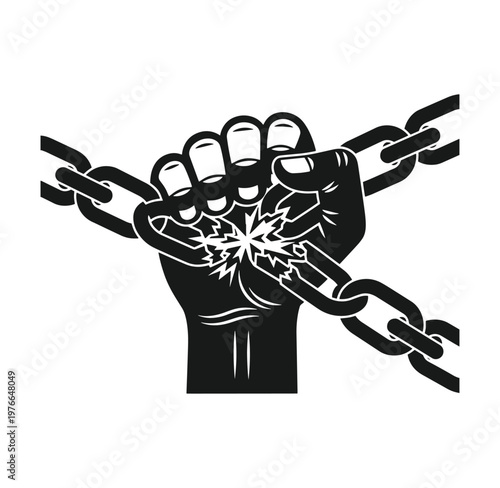 A clenched fist breaking a chain with a cracked link in a powerful gesture of freedom and strength