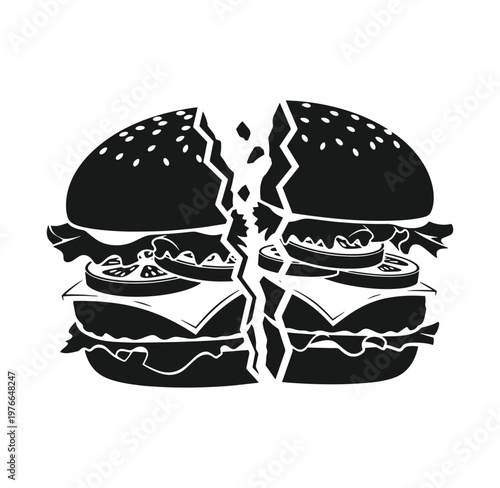 black and white illustration of broken hamburger with sesame seed bun and cheese