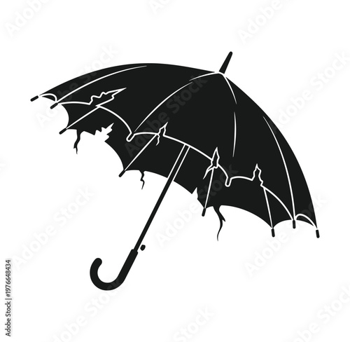 Black broken umbrella with torn edges and white outline on white background  damaged accessory