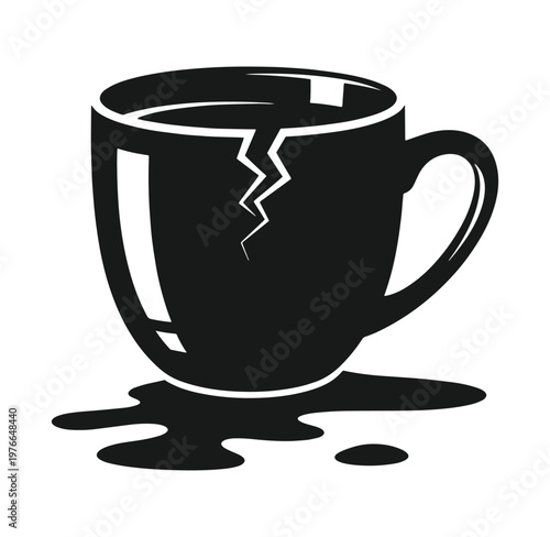 Black coffee cup with crack and spill isolated on white background