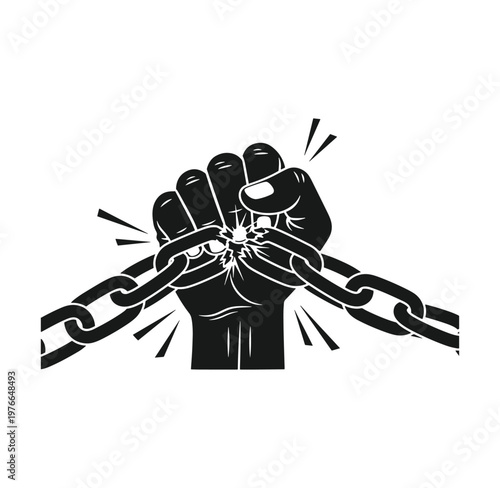 Black fist breaking free from metal chain links in a powerful gesture of liberation and strength