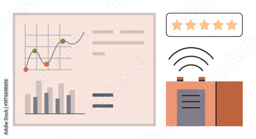 Business intelligence, big data, customer feedback, data visualization, wireless communication, analytics. Includes charts, ratings and wireless signals. Business intelligence and big data