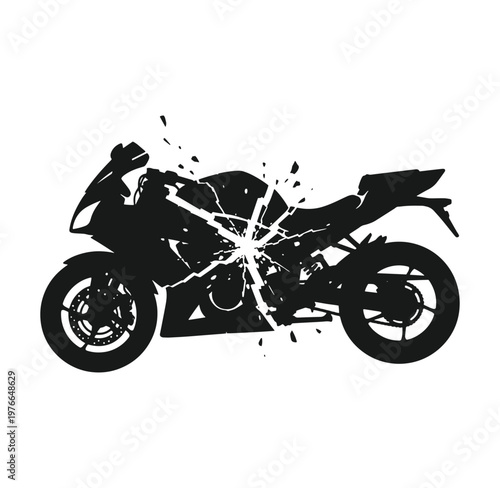 Black motorcycle silhouette with white splatter effect on white background