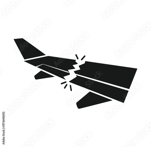 Black silhouette of a broken airplane in mid air flying sideways  crash damage