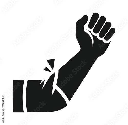 black silhouette of a human arm with a broken elbow and fist raised up in protest or anger