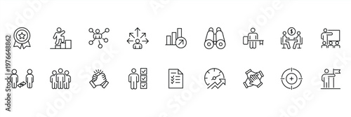 A collection of minimalist thin-line web icons for business teamwork, team building, workgroups, and human resources. Outline icon collection. Vector illustration.